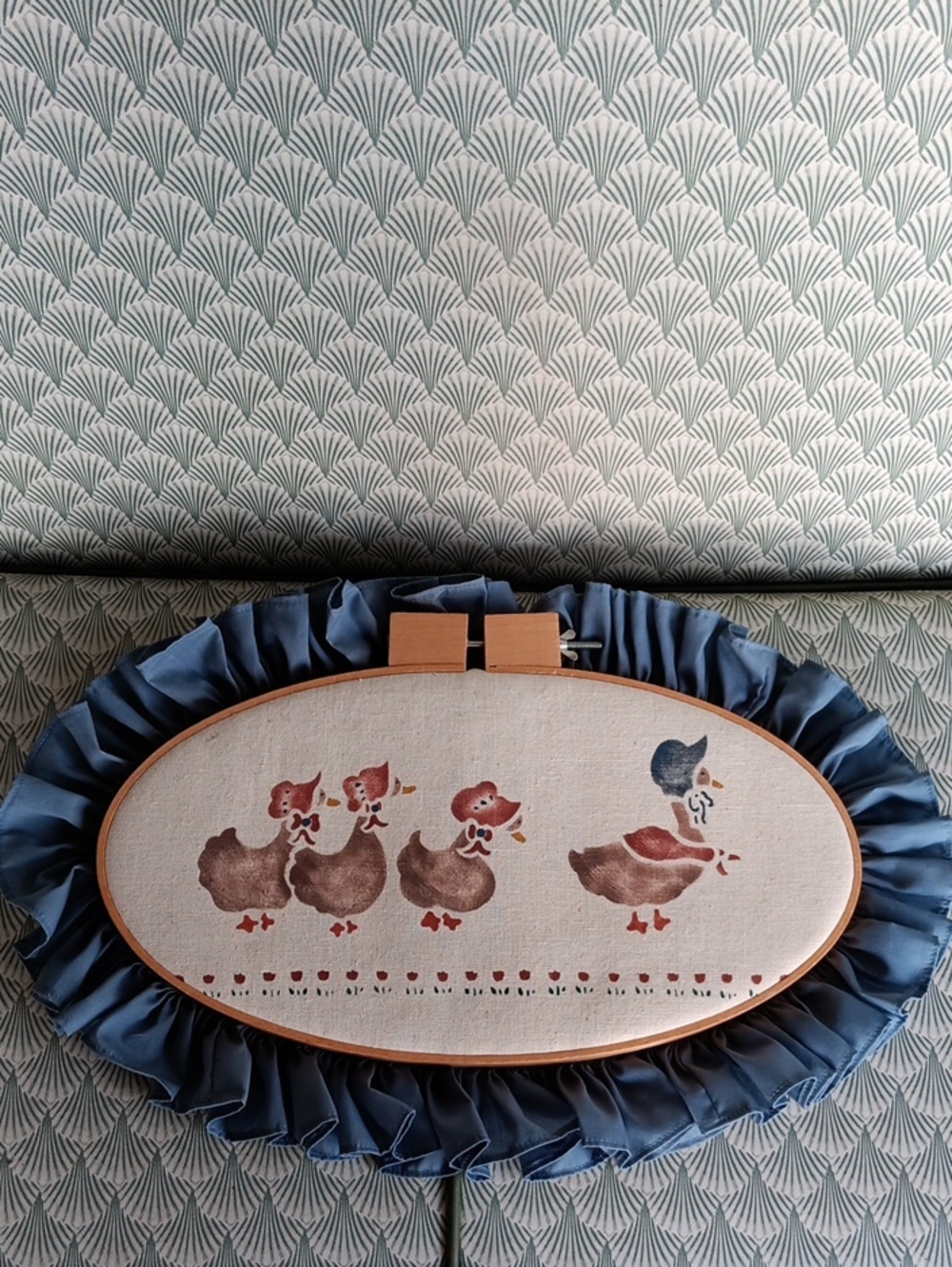 Handcrafted Blue Frill Oval Duck Embroidery Wall Art